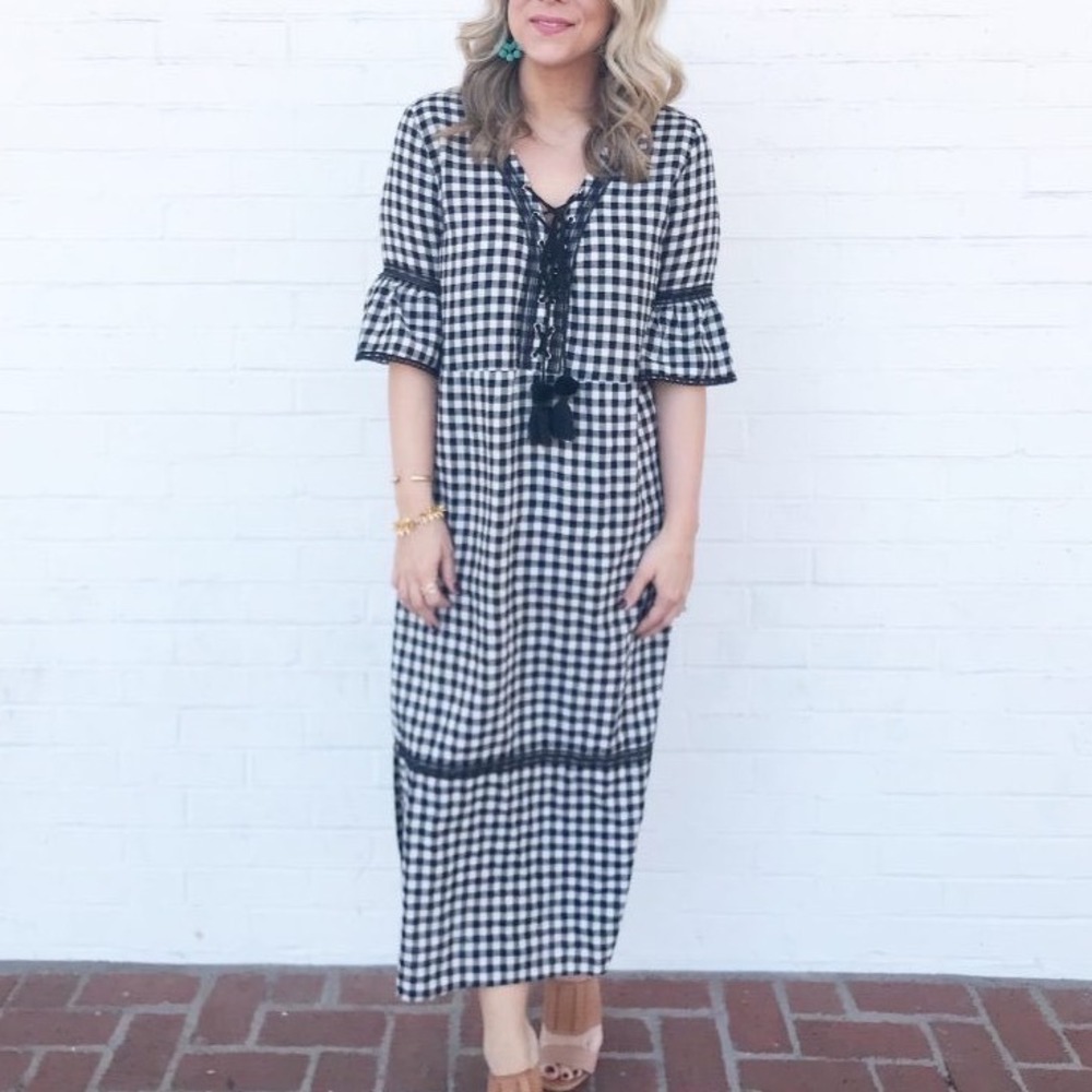 Gingham Cotton Bell Sleeve Midi Dress Checkered Crochet Trim S cottage prairie
